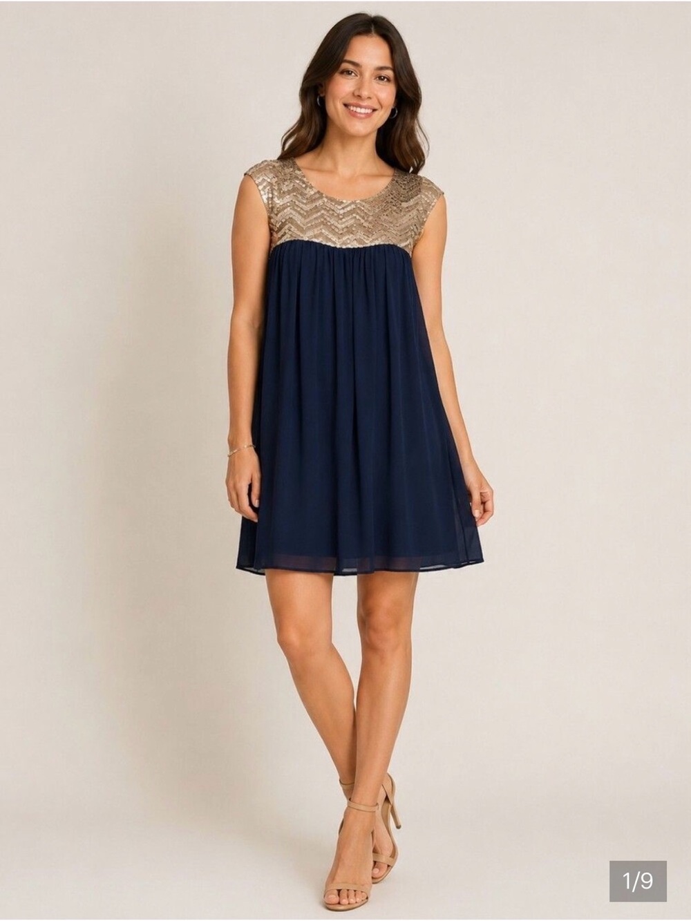 NEW Altar'd State Navy and Gold Sequin Overlay Sleeveless Mini Party Dress Large